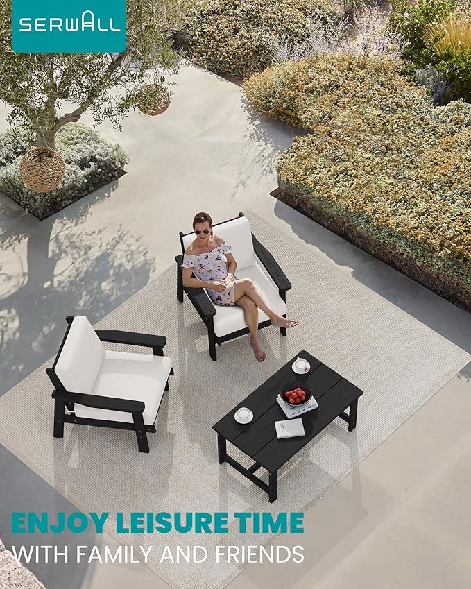 SERWALL HDPE Outdoor Couch, Black Frame and Khaki Cushion