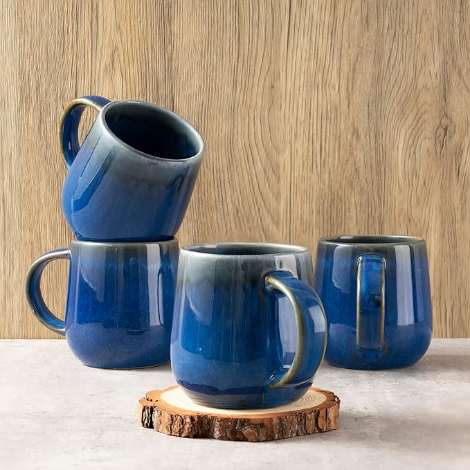 bestone Coffee Mugs Set of 4，15 oz Large Coffee Mugs, Ceramic Mugs with Handles,etc Coffee Mugs, Cups for Coffee Cereal Latte ，Microwave & Dishwasher safe，Dark Blue