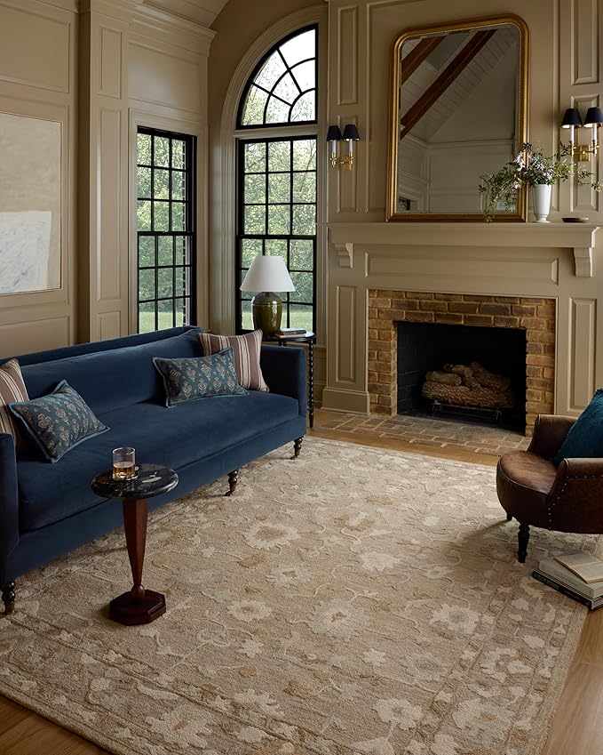 Loloi Chris Loves Julia Dorothea Collection DRT-02 Khaki/Dove 2'-3" x 3'-9" Accent Rug Wool Neutral Floral Living Room Bedroom Carpet