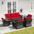 7 Pieces Outdoor Conversation Furniture Set - 77" Patio Sofa, 2 Armchairs, 2 Swivel Glider Chairs, 1 Side Table, 1 Metal Table, Patio Wicker Couch with Washable Cushions for Porch (Red)