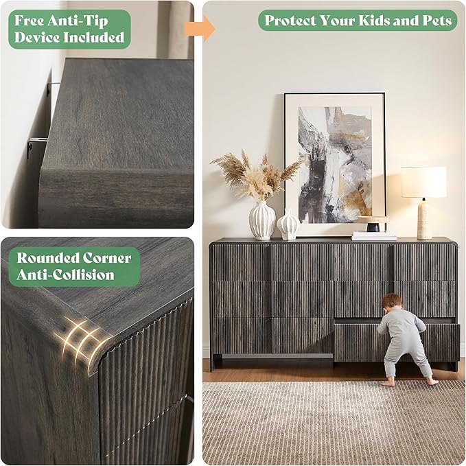 AMERLIFE 63" Fluted 6 Drawer Dresser, Long Modern Chest of Storage Drawers with Pine Handles, Rounded Corners & Anti-Tip Design, Wood Closet Organizer for Bedroom, Living Room, Nursery, Black