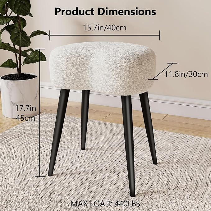 White Vanity Stool, Soft Makeup Stool with Solid Metal Legs for Vanity Corner, Morden Footrest Easy to Assembly