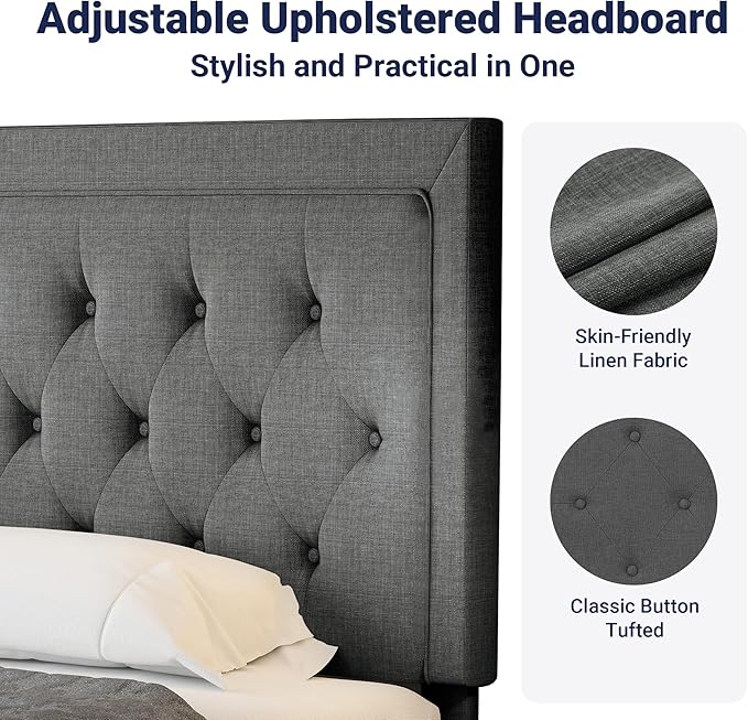 Allewie Queen Size Button Tufted/Fabric Upholstered Bed Frame with Adjustable Headboard/Wood Slat Support/Mattress Foundation/Dark Grey