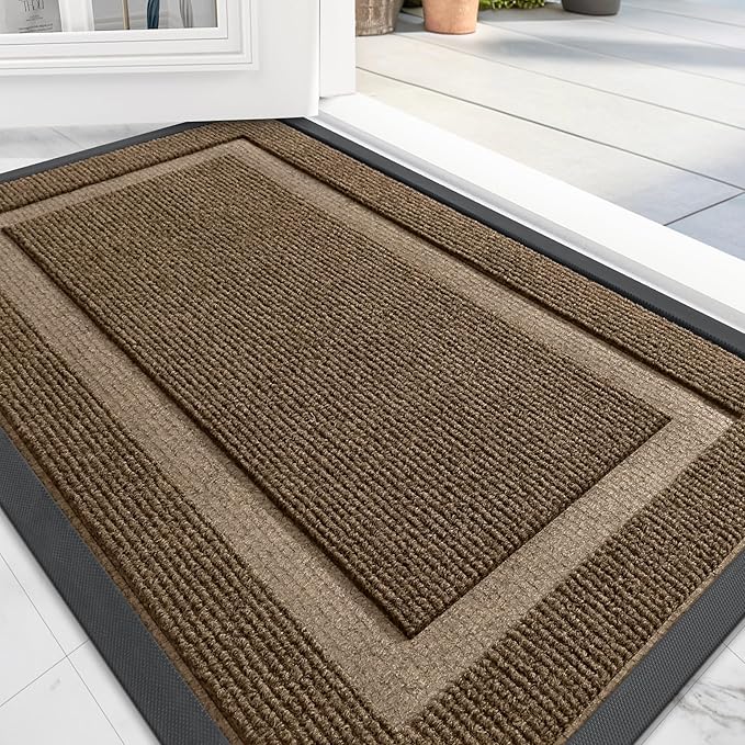 OLANLY Front Door Mat Indoor Outdoor Entrance, Waterproof All-Season, All-Weather Doormat, Sturdy Natural Rubber, Fade Resistant, Low Profile, Easy Clean Patio Porch Entryway Mat, 59x20, Brown