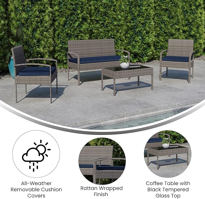 Flash Furniture Aransas Series 4 Piece Gray Patio Set with Steel Frame and Navy Cushions