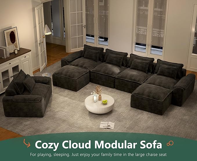 Hobestluk 152" Cloud Modular Sectional Couch 4-Seater Sofa with Ottomans U Shaped Couch Deep Seat Sofa with Removable Cover for Living Room (Dark Grey, 4-Seater Sofa with Two Ottomans)
