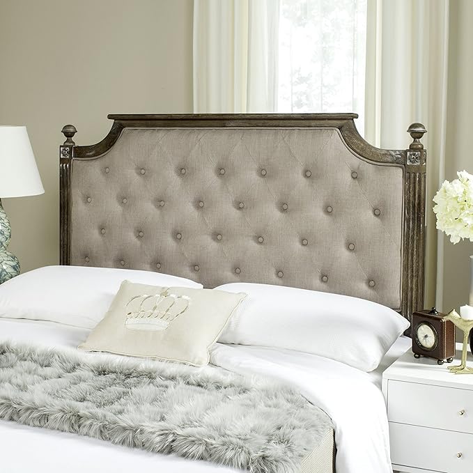 SAFAVIEH Home Collection Tufted Linen Headboard, QUEEN, Taupe/Rustic Oak