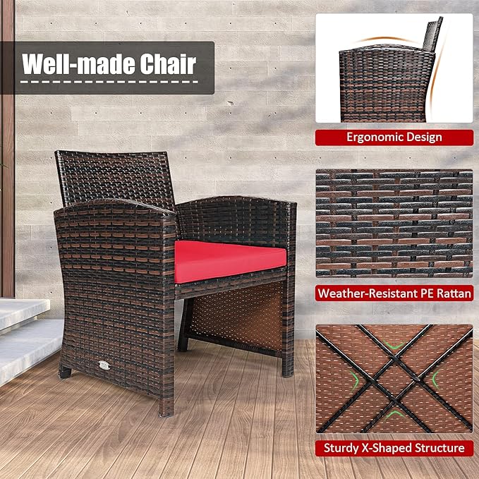 COSTWAY 3 Pieces Patio Furniture Sets, Outdoor Rattan Conversation Set with Tempered Glass Tabletop and Soft Cushion, Wicker Cushioned Chair Sofa for Backyard, Porch, Poolside, Lawn, Red