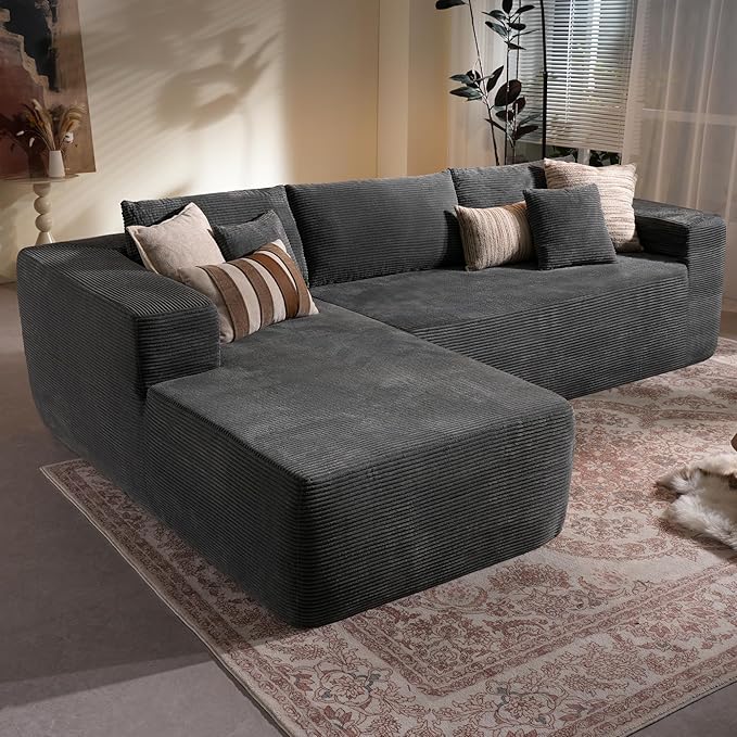 106" Cloud Sectional Couch with Chaise Lounge,L Shaped Modular Modern Sofa,Comfy Corduroy Fluffy Couches with Deep Seat,No Assembly Required Couch for Living Room(Left,Stripe Corduroy,Gray)
