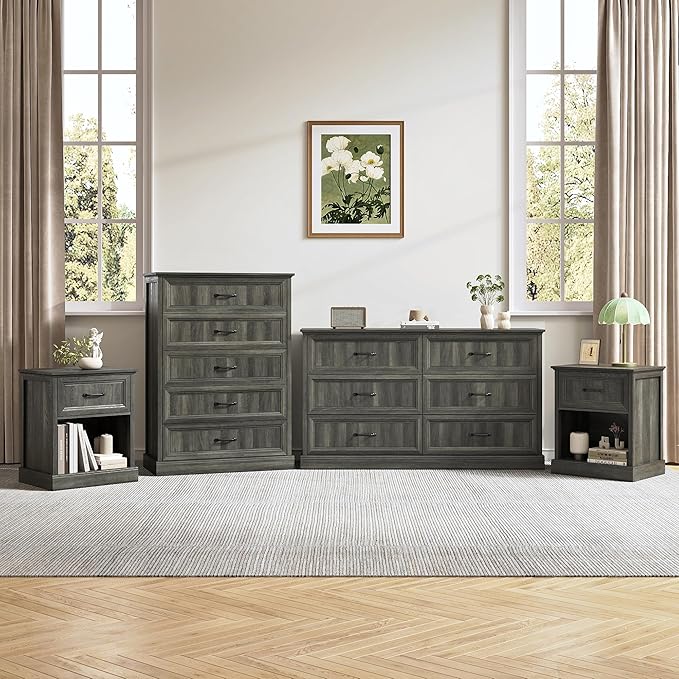 Farmhouse Dresser and Nightstand Sets, 4Pcs Bedroom Furniture Set, Nightstand Set of 2 & 55" Wide 6 Drawer and 44" Tall 5 Drawer Dresser with Large Drawers & Bar Handles, Grey