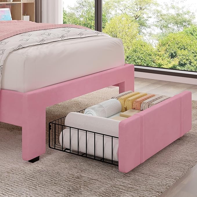 VECELO Twin Size Upholstered Bed Frame with 4 Drawers and Headboard, Velvet Platform Storage Bedframe, Wooden Slats Support, No Box Spring Needed,Pink