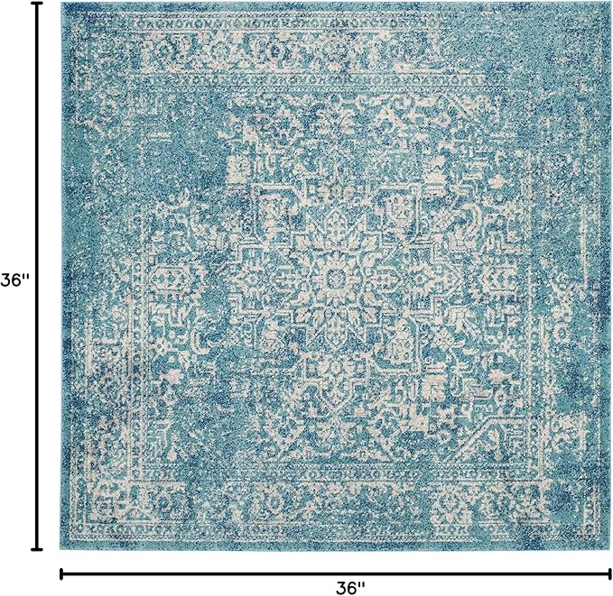 SAFAVIEH Evoke Collection Area Rug - 3' Square, Blue & Ivory, Distressed Design, Non-Shedding & Easy to Clean, Ideal for Foyer, Bedroom, Accent Space (EVK256C)