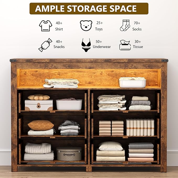 Dresser for Bedroom with 6 Drawers, Wide Chest of Drawers with LED Light and Power Outlet, Wooden Closet Organizer Clothes Storage Cabinet, Modern Double Dressers for Living Room, Hallway, Brown