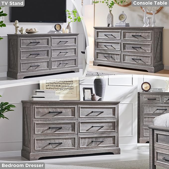 ACCOHOHO Farmhouse 6 Drawer Dresser for Bedroom, 52 Inch Wide Modern Dresser TV Stand with Large Drawers & Bar Handles, Rustic Wood Chest of Drawers for Bedroom, Living Room, Hallway, Grey