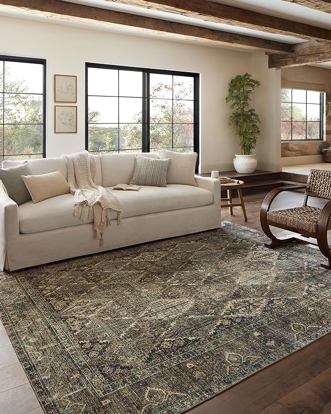 Loloi Magnolia Home by Joanna Gaines Banks Collection BAN-05 Spice/Blue 3'-6" x 5'-6" .13" Pile Height, Machine Washable, Accent Rug