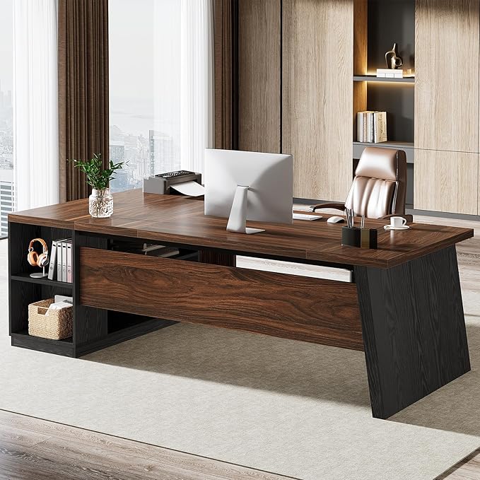 Tribesigns 78" L Shaped Executive Desk, Large Office Desk with Drawers and Storage Shelves, Modern Corner Computer Table Business Furniture for Home Office (Black & Brown)