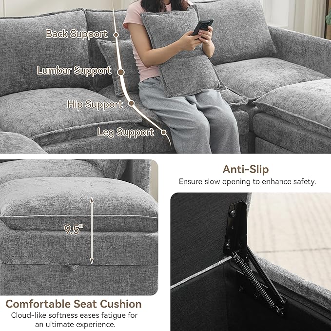 105" Cloud Modular 4 Seater Sofa with 2 Storage Ottoman, Modern Upholstered Sofa Storage Sofa Couch Deep Seat, U Shape Sectional Sofa Chenille Comfy Couch with Armrests for Living Room, Light Grey