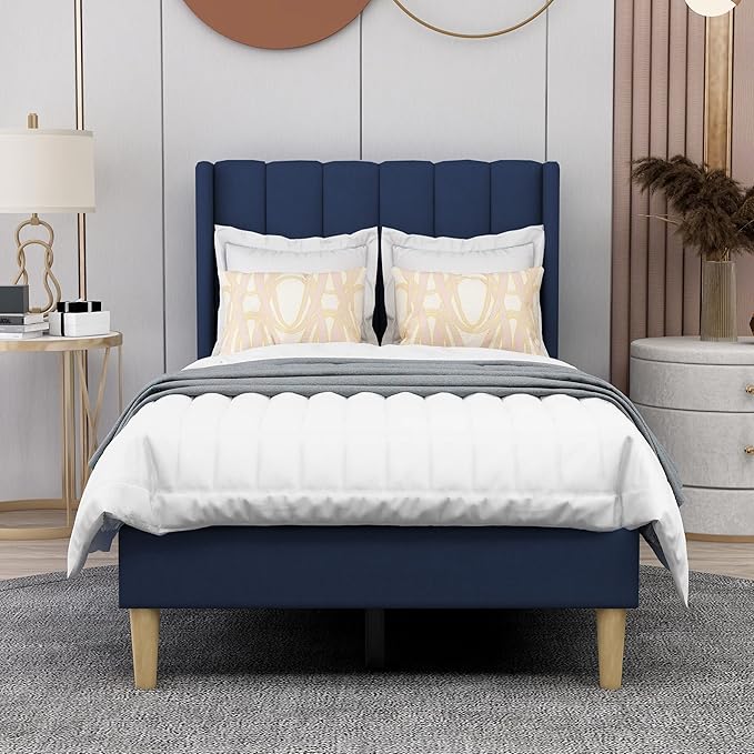 AGARTT Upholstered Platform Bed Frame Twin Size with Headboard and Footboard/Wooden Slats Support/No Box Spring Needed/Easy Assembly,Blue Velvet