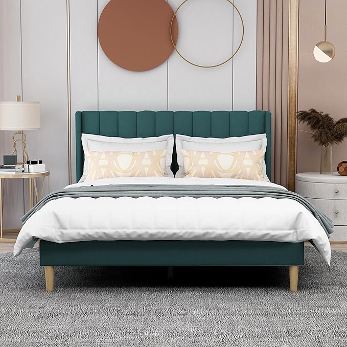 AGARTT Upholstered Platform Bed Frame Queen Size with Headboard and Footboard/Wooden Slats Support/No Box Spring Needed/Easy Assembly, Green Velvet