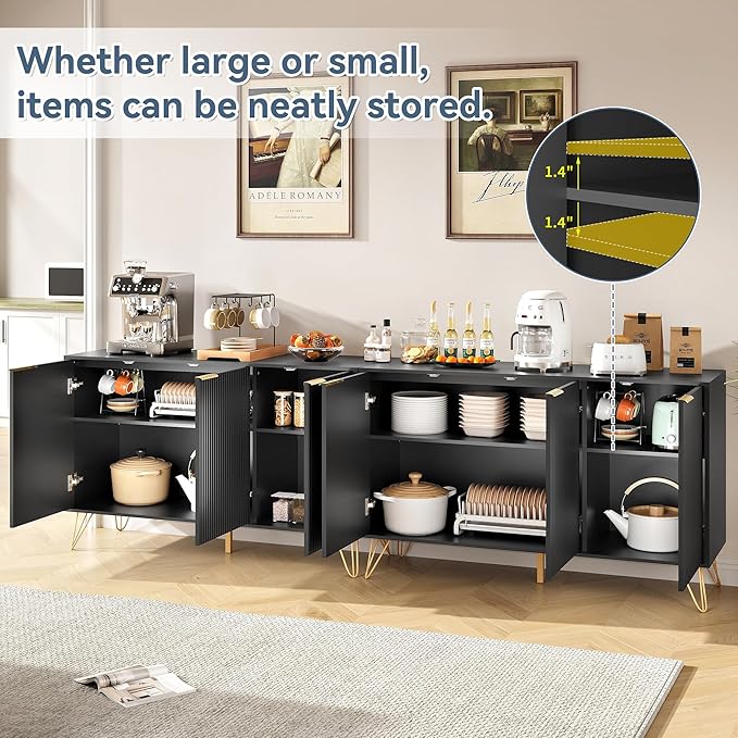 Storage Cabinet Set of 2, Black Fluted Cabinet with Adjustable Shelves, Modern Coffee Bar for Kitchen, Living Room and Office