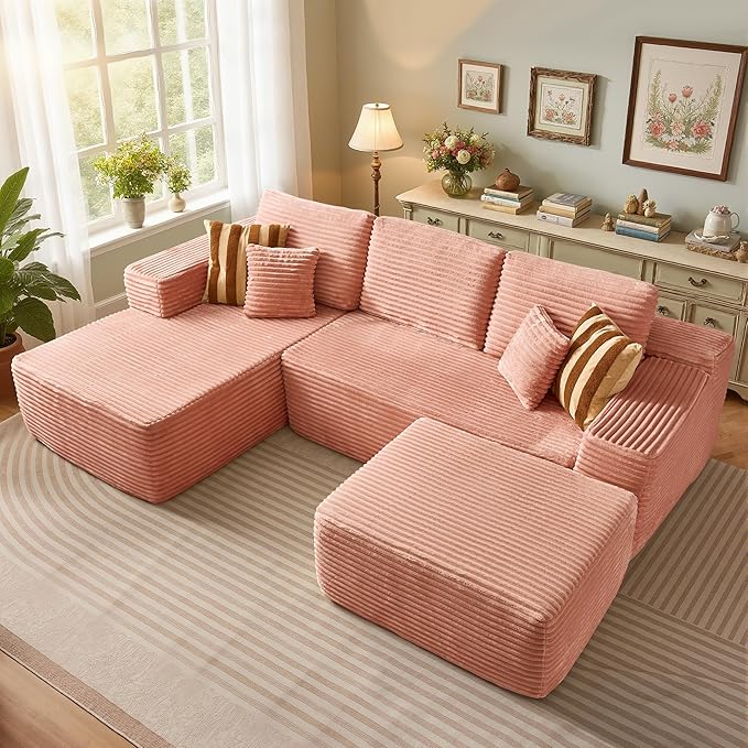 106" Cloud Sectional Couch with L-Shape Chaise & Ottoman, No Assembly Modular Sofa, Deep Seat Plush Corduroy Boneless Couched for Living Room (Pink Plush Corduroy, Left Facing Chaise with Ottoman)