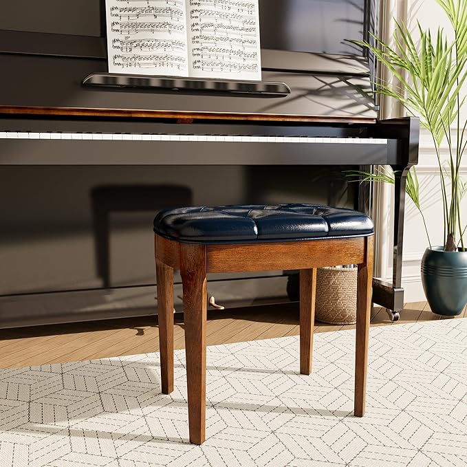 MODERION Vanity Bench Stool with Upholstered, Modern Luxury Wood Stool ,Ottoman Shoe Bench for Living Room, Vanity, Entryway, 19.3"L x 14.9"W x 19.3"H Easy Assembly, Beeswax Leg & Blue Seat FD-HNY-BL