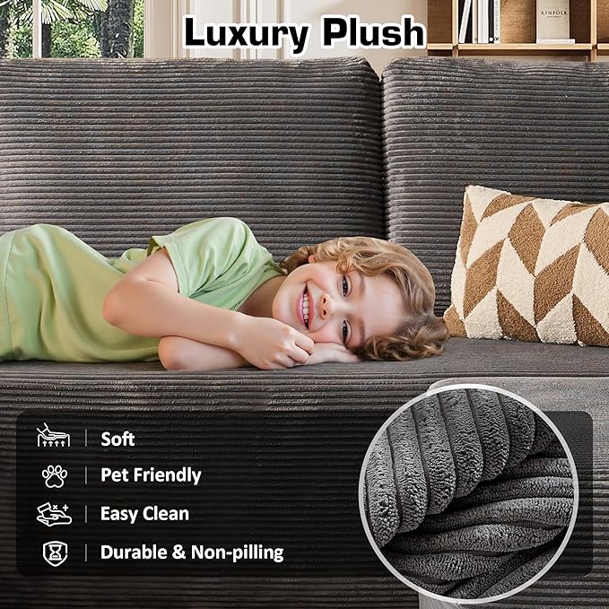 106" Cloud Sectional Couch with L-Shape Chaise & Ottoman, No Assembly Modular Sofa, Deep Seat Corduroy Boneless Couched for Living Room (Gray Stripe Corduroy, Left Facing Chaise with Ottoman)