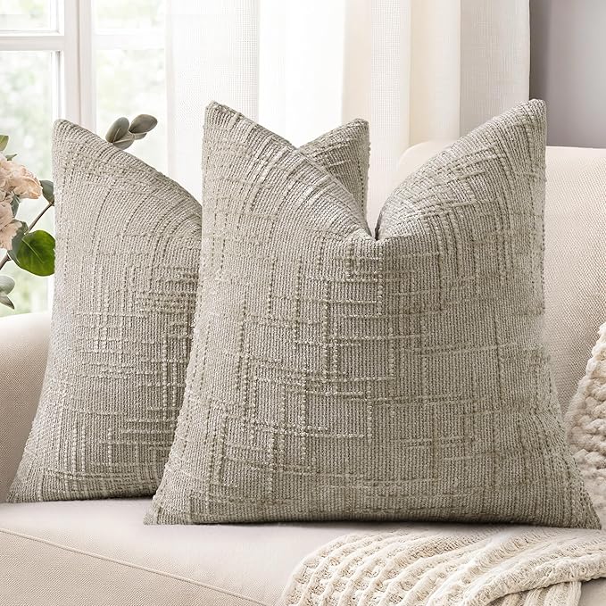decorUhome Fall Light Brown Chenille Throw Pillow Covers 16x16 Set of 2 Thick Textured Slubby Couch Pillow Covers Farmhouse Accent Modern Neutral Decorative Pillow Cases for Bed Sofa Living Room