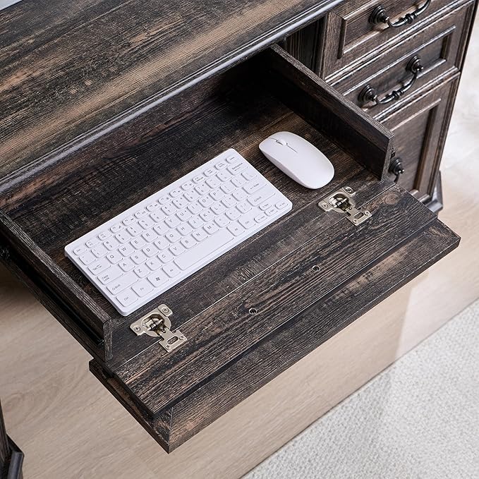 RedLemon 60" Executive Desk with Drawers,Wood Home Office Desk, Featuring Keyboard Tray,Charging Station,File Drawer, Storage Cabinet,for Work and Study (Dark Rustic Oak)
