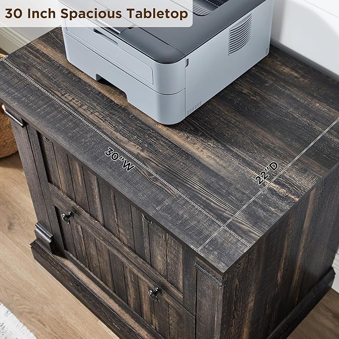 OKD Farmhouse File Cabinet with 2 Drawers, 30" Lateral Filing Cabinet, Hanging File Folders, Interlocking Drawers, Rustic Oak Wood, Brown, Home Office, Living Room, 30" x 22" x 10.2"