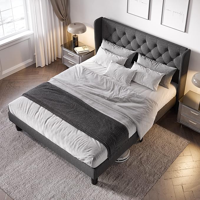 Allewie Queen Size Bed Frame with Button Tufted Wingback Headboard, Upholstered Platform Bed with Wooden Slats Support - No Box Spring Needed, Noise-Free, Easy Assembly, Dark Grey
