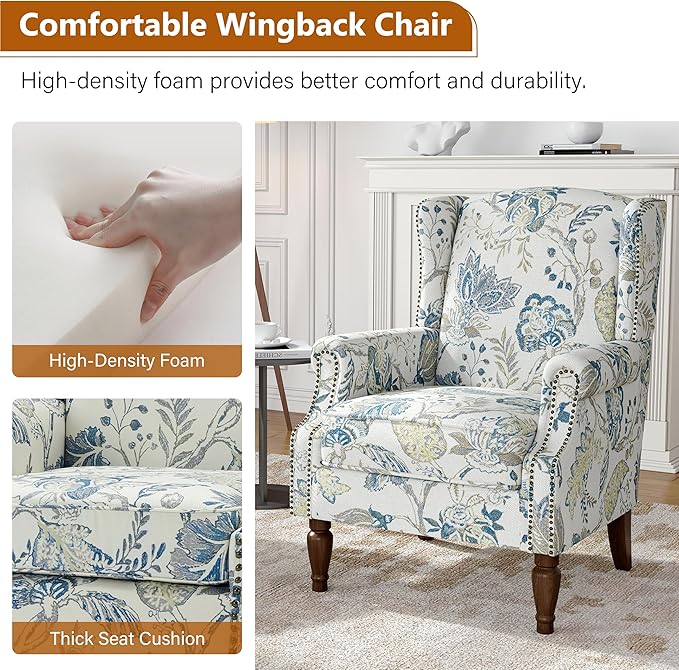 Floral Wingback Accent Chair Set of 2, High Back Upholstered Armchair, Comfy Fabric Wingback Arms Chairs with Retro Solid Wood Legs, Single Sofa Reading Chair for Bedroom Living Room, Plants Blue