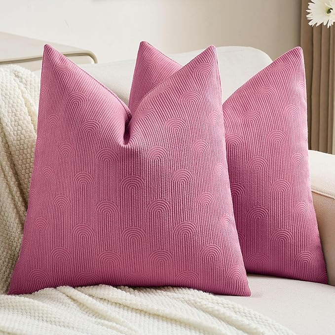FUTEI Hot Pink Chenille Decorative Throw Pillow Covers 18x18 Inch Set of 2,Soft Cozy Striped Geometric Patterns Cushion Cases,Modern Home Decor for Couch Bed Living Room
