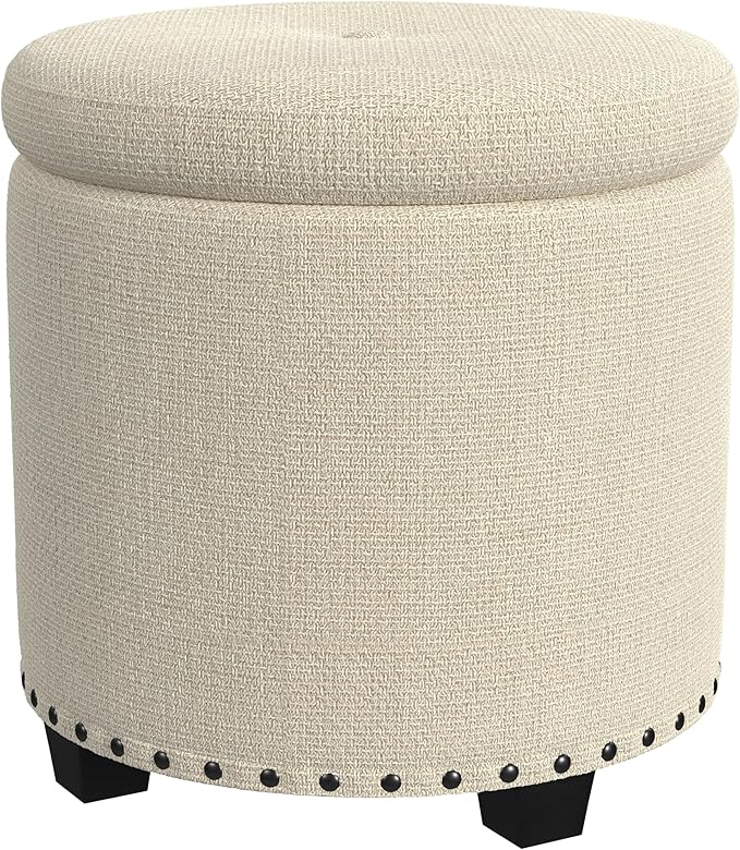 HomePop Home Decor | Upholstered Round Storage Ottoman with Nailheads| Ottoman with Storage for Living Room & Bedroom, Cream Woven