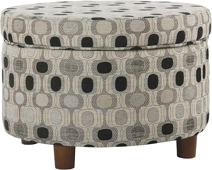 Homepop Home Decor | Upholstered Round Storage Ottoman | Ottoman with Storage for Living Room & Bedroom (Black Geo) Large