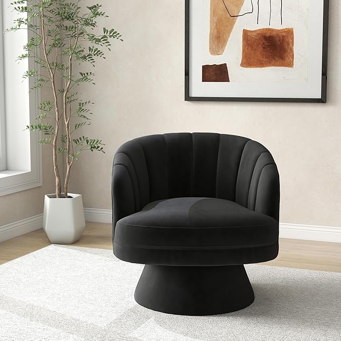 Swivel Accent Chair,Upholstered Velvet 360° Swivel Barrel Chair for Living Room Overstuffed Bouncle Reading Chair Round Armchair for Bedroom,Vanity,Office (Black)