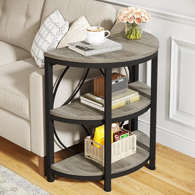 Tribesigns Half Round End Table for Living Room, 3-Tier Half Side Table with Metal Frame, Industrial Half Moon Table with Storage Shelves, Half Circle Accent Table for Entryway, Bedroom, Grey