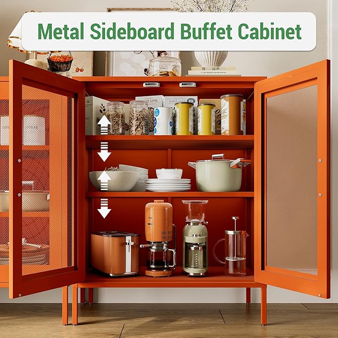 Orange Metal Cabinet,Bathroom Floor Storage Cabinets,40" H Small Orange Locker Cabinets with 2 Adjustable Shelves & 2 Doors