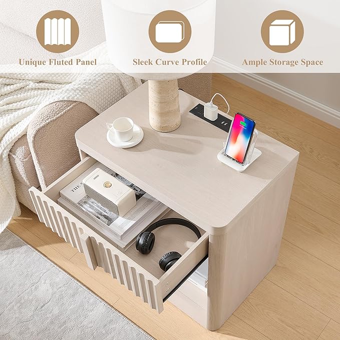 Fluted Nightstand with Charging Station, 23.6" End Table with Open Shelf and Drawers Storage, Bedside Table with Solid Wood Handle, Curved Profile Design, Night Stand for Bedroom