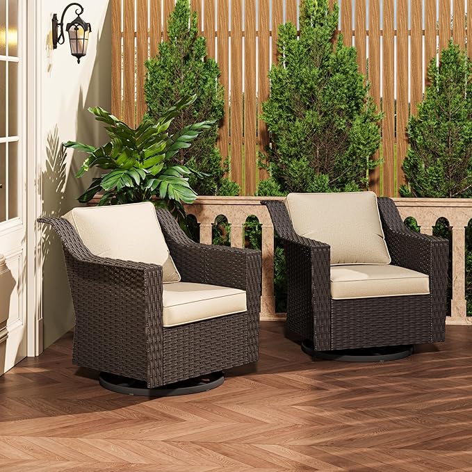 Patio 2 Pieces Wicker Swivel Chairs Set of 2，Outdoor PE Rattan Rocking Glider Armchairs, Water-Resistant Cushions with Removable and Washable Covers, Porch, Balcony, Sunroom (Beige)