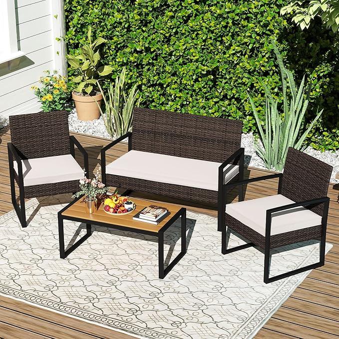 Tangkula 8 Pieces Patio Furniture Set, Outdoor Rattan Conversation Set w/Cushioned Chairs & Wood Plastic Coffee Table, Wicker Sectional Seating Furniture for Backyard, Poolside, Porch (Off White,2)