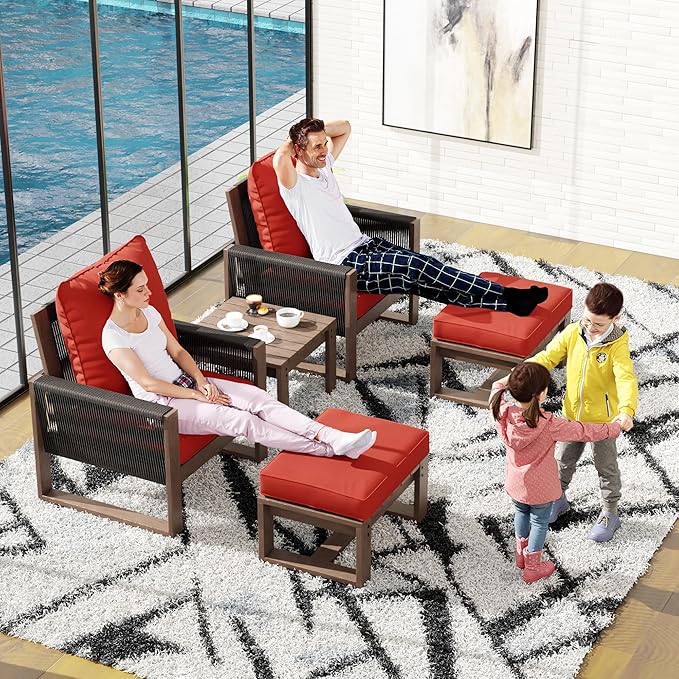 5 Piece Patio Bistro Chair Set with Ottoman, Wooden Outdoor Patio Furniture Set, Patio Wicker Chairs with Coffee Tables for Balcony Deck Backyard