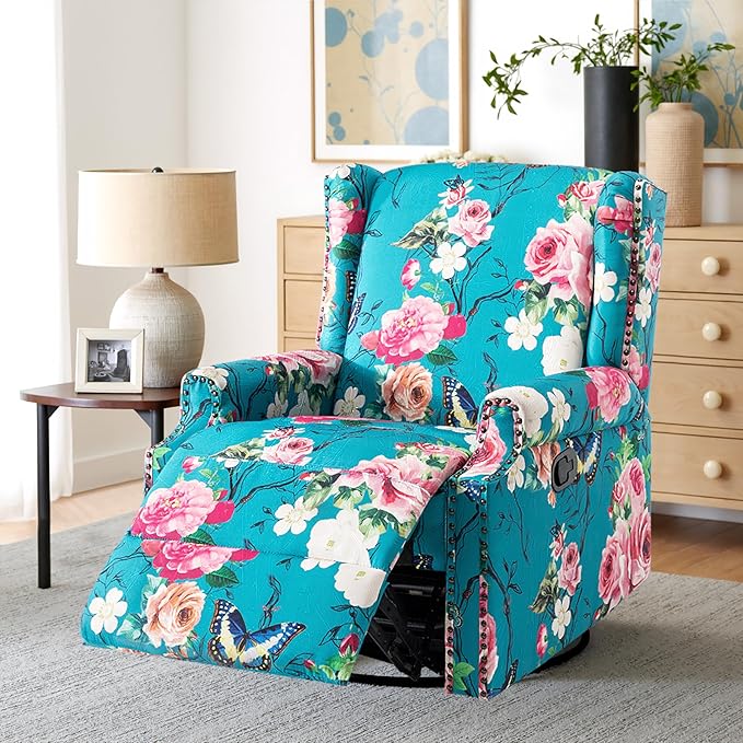 Premium 360° Swivel Recliner Chair with Footrest - Luxurious Cotton Linen & Botanical Design-Peacock Blue Rose