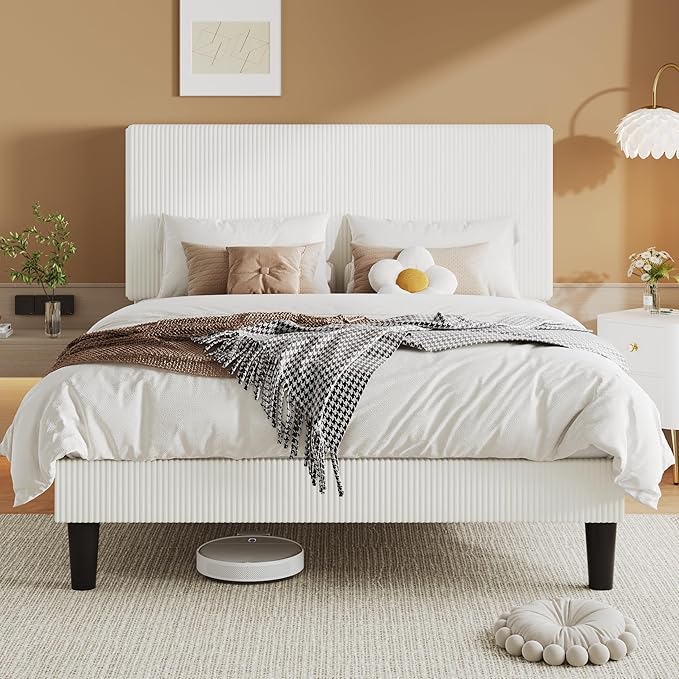 Allewie Full Size Upholstered Bed Frame with Vertical Channel Tufted Headboard, Soft Corduroy Fabric Platform Bed, Strong Wooden Slats Support, Easy Assembly, No Box Spring Needed, White