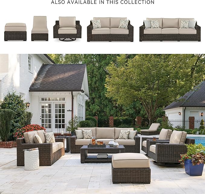 Signature Design by Ashley Coastline Bay Nuvella Weather Resistant Fabric Outdoor Sofa with Cushion and 4 Throw Pillows, Beige & Dark Brown