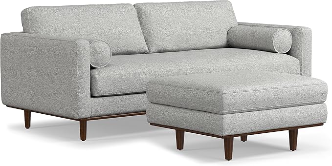 SIMPLIHOME Morrison Mid-Century Modern 89 inch Wide Sofa with Ottoman Set in Mist Grey Woven-Blend Fabric for the Living Room and Family Room