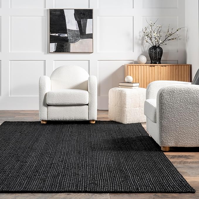 nuLOOM 8x10 Rigo Jute Hand Woven Area Rug, Black, Solid Farmhouse Design, Natural Fiber, For Bedroom, Living Room, Dining Room, Hallway, Office, Kitchen, Entryway