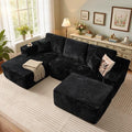 106" Cloud Sectional Couch with L-Shape Chaise & Ottoman, No Assembly Modular Sofa, Deep Seat Plush Corduroy Boneless Couched for Living Room (Black Plush Corduroy, Left Facing Chaise with Ottoman)