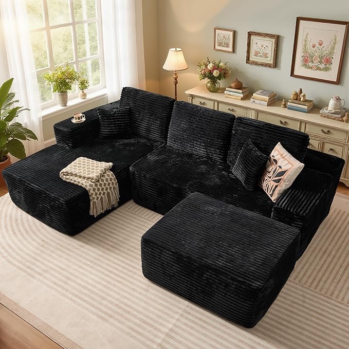 106" Cloud Sectional Couch with L-Shape Chaise & Ottoman, No Assembly Modular Sofa, Deep Seat Plush Corduroy Boneless Couched for Living Room (Black Plush Corduroy, Left Facing Chaise with Ottoman)