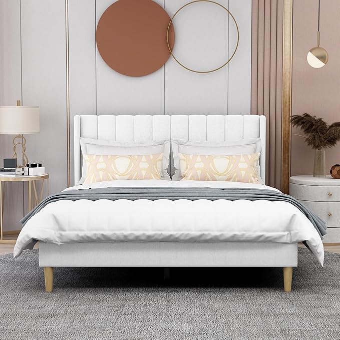 AGARTT Upholstered Platform Bed Frame Queen Size with Headboard and Footboard/Wooden Slats Support/No Box Spring Needed/Easy Assembly,White Linen